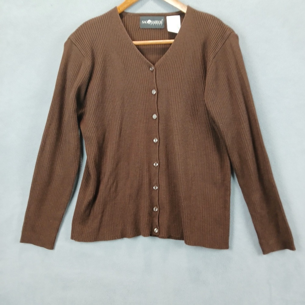 Sag Harbor Cardigan Sweater Womens Medium Petite Brown Acrylic Tight Knit V Neck